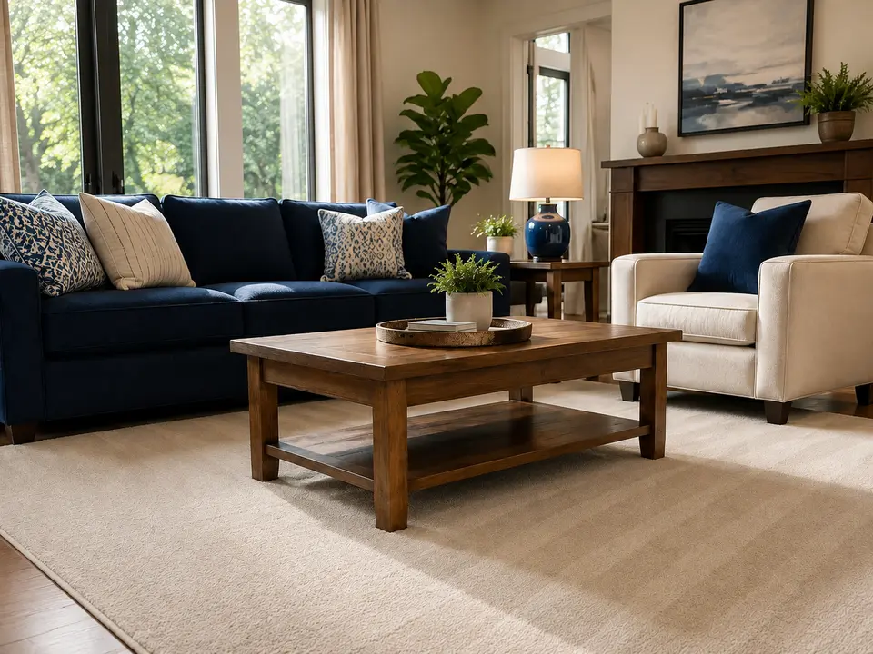 Tidy and welcoming living room maintained with recurring cleaning